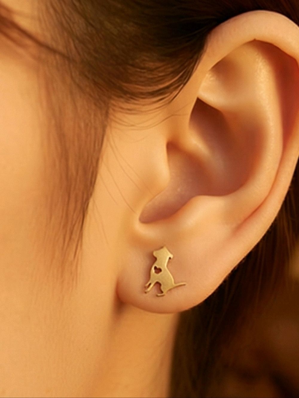 Gold Dog Stud Earrings Heart Cutout Dainty Stainless Steel Pet Love Novelty Fun